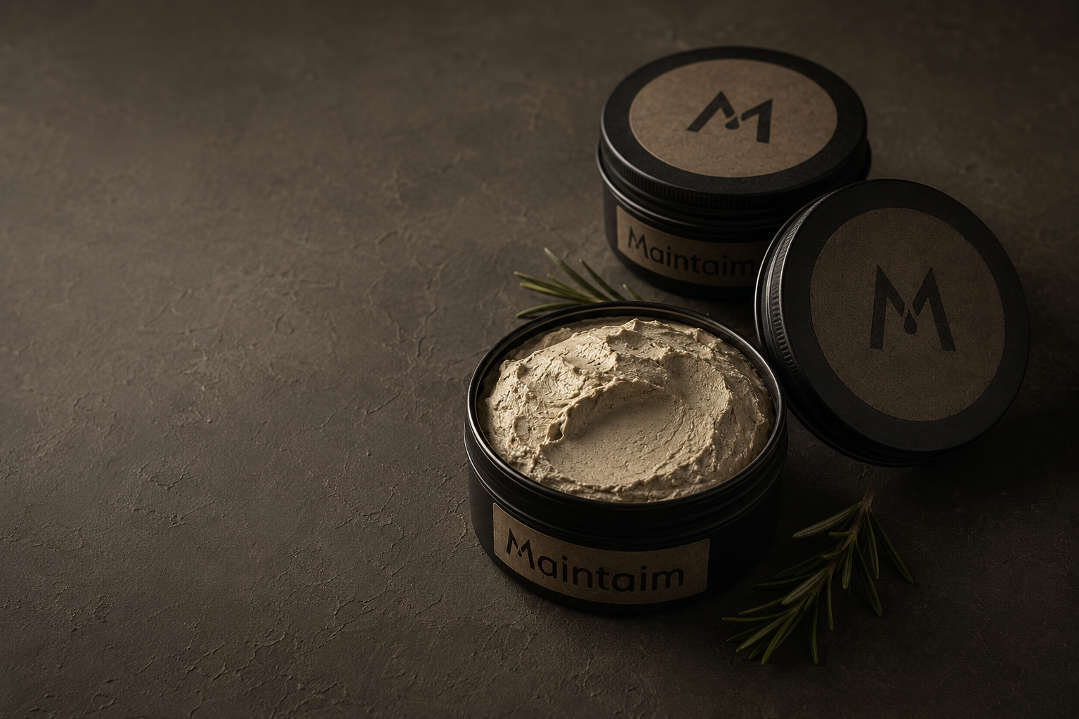Three small black Maintaim tins, including an open tin of stone-colored botanical styling mask